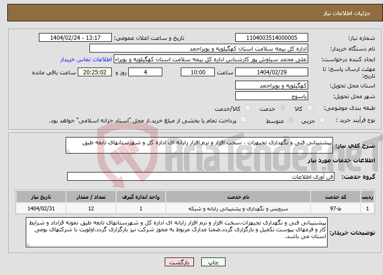 تصویر کوچک آگهی نیاز انتخاب تامین کننده-پیشتیبانی فنی و نگهداری تجیهزات ، سخت افزار و نرم افزار رایانه ای اداره کل و شهرستانهای تابعه طبق