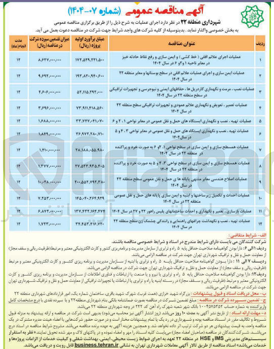 تصویر کوچک آگهی عملیات اجرای علائم افقی ( خط کشی) و ایمن سازی و رفع نقاط حادثه خیز در معابر