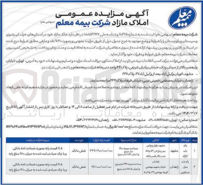 تصویر کوچک آگهی مزایده عمومی املاک مازاد