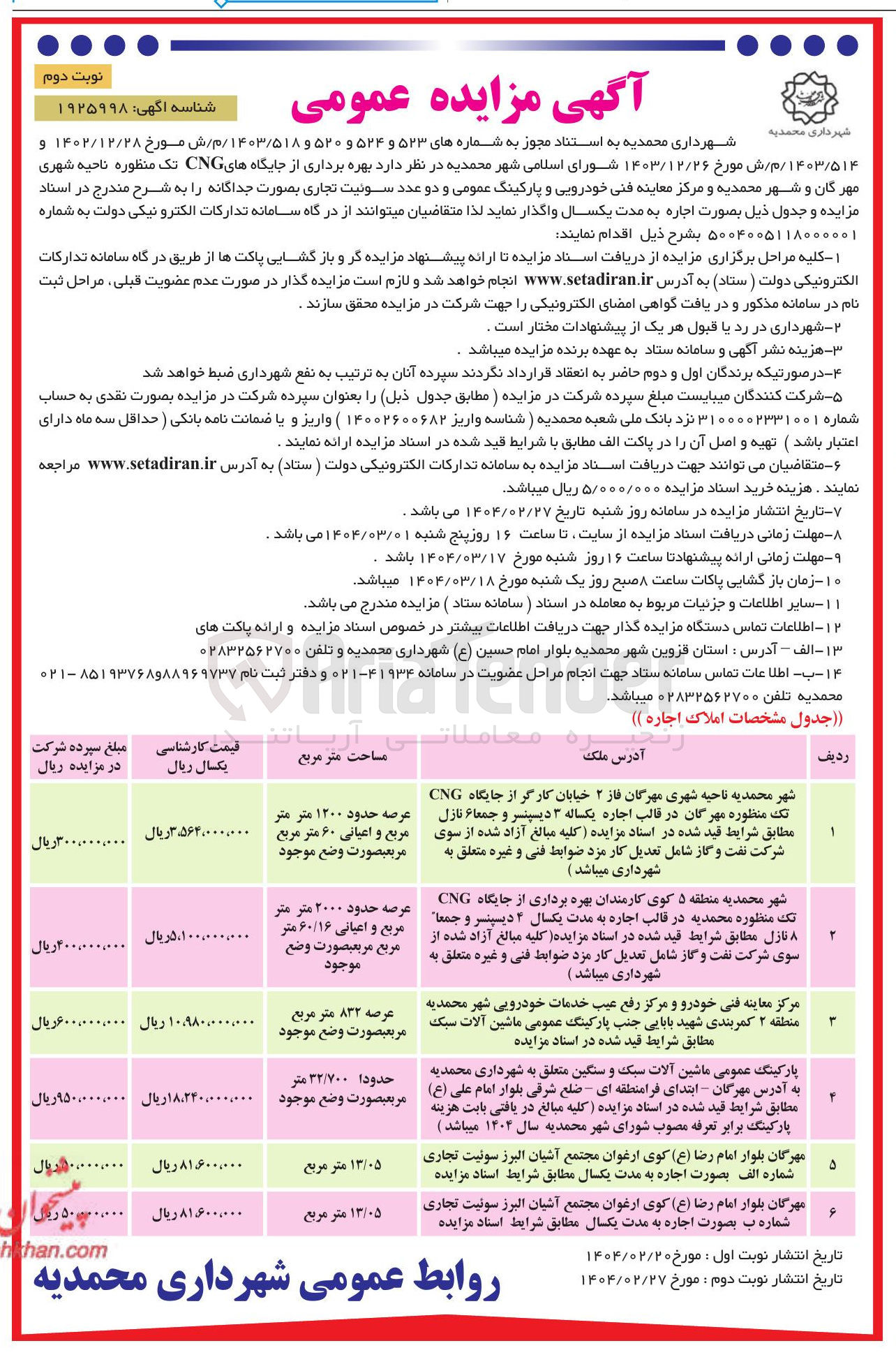 تصویر کوچک آگهی  بهره برداری از جایگاه های CNG تک منظوره و مرکز معاینه فنی خودرویی و پارکینگ عمومی و دو عدد سوئیت تجاری