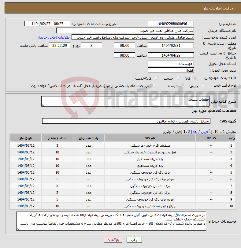 تصویر کوچک آگهی نیاز انتخاب تامین کننده-قطعات پتیبون