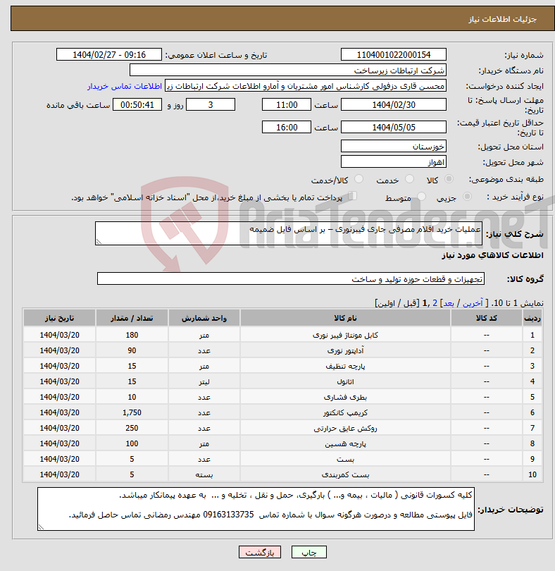 تصویر کوچک آگهی نیاز انتخاب تامین کننده-عملیات خرید اقلام مصرفی جاری فیبرنوری – بر اساس فایل ضمیمه