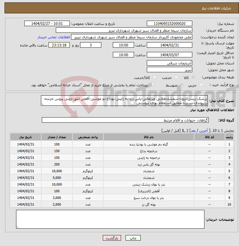 تصویر کوچک آگهی نیاز انتخاب تامین کننده-زرشک زینتی-ترون-شمشادطلایی وپرتقالی-یاس زرد-به ژاپنی-بوداغ-دو موشی-آقطی ابلق-ژونی پروس خزنده-رزپیوندی-نسترن مطابق استعلام بهای پیوستی