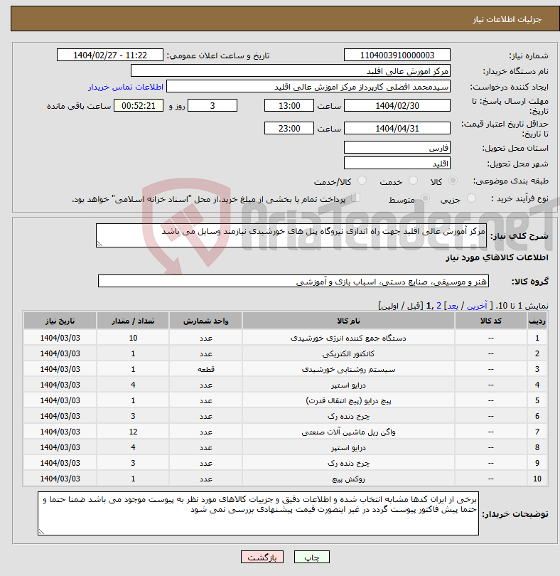 تصویر کوچک آگهی نیاز انتخاب تامین کننده-مرکز آموزش عالی اقلید جهت راه اندازی نیروگاه پنل های خورشیدی نیازمند وسایل می باشد