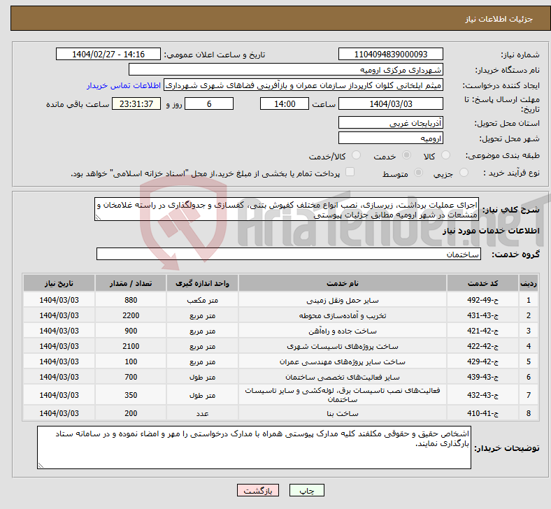 تصویر کوچک آگهی نیاز انتخاب تامین کننده-اجرای عملیات برداشت، زیرسازی، نصب انواع مختلف کفپوش بتنی، کفسازی و جدولگذاری در راسته غلامخان و منشعات در شهر ارومیه مطابق جزئیات پیوستی