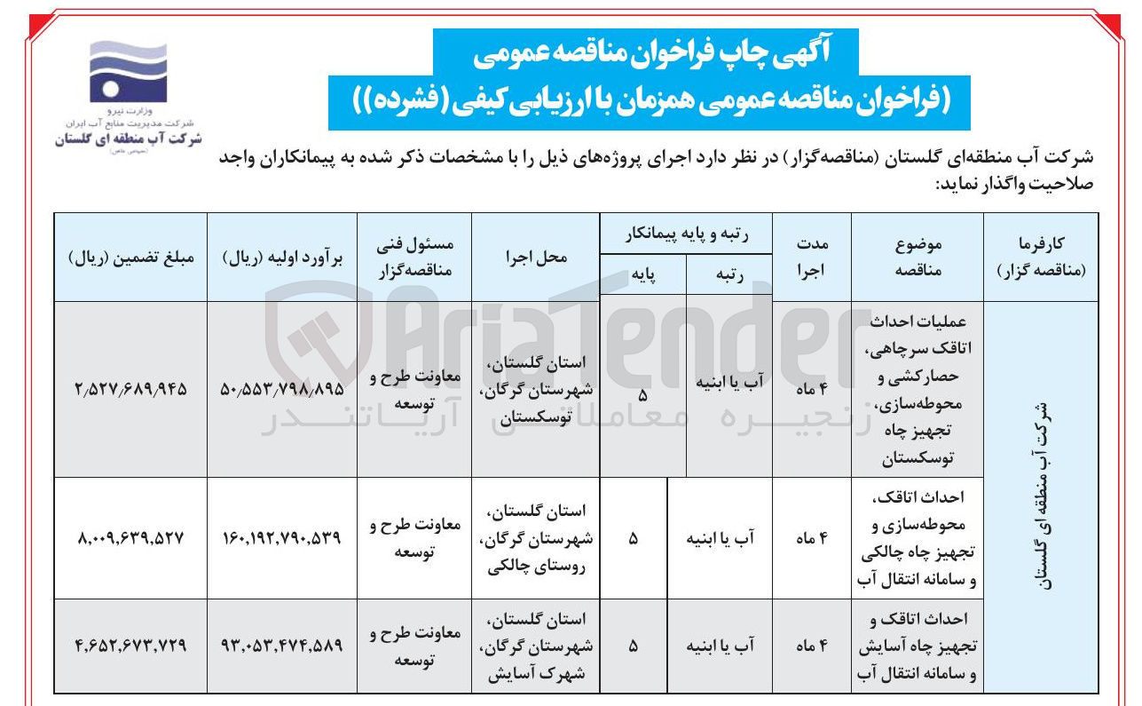 تصویر کوچک آگهی عملیات احداث اتاقک سرچاهی حصار کشی و محوطه سازی تجهیز چاه توسکستان 
