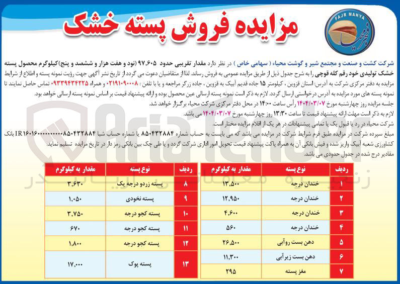 تصویر کوچک آگهی فروش مقدار تقریبی حدود ۹۷,۶۰۵ کیلوگرم محصول پسته خشک تولیدی خود رقم کله قوچی