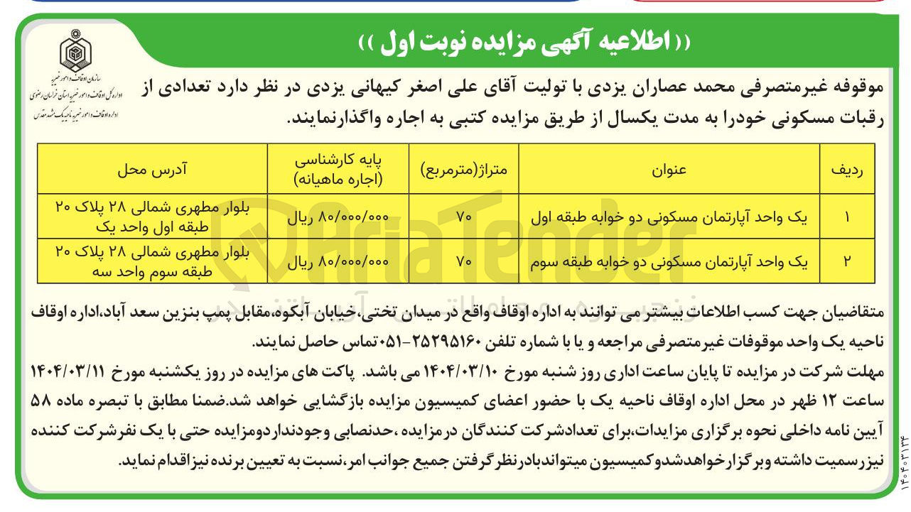 تصویر کوچک آگهی اجاره تعدادی از رقبات مسکونی در 2 ردیف