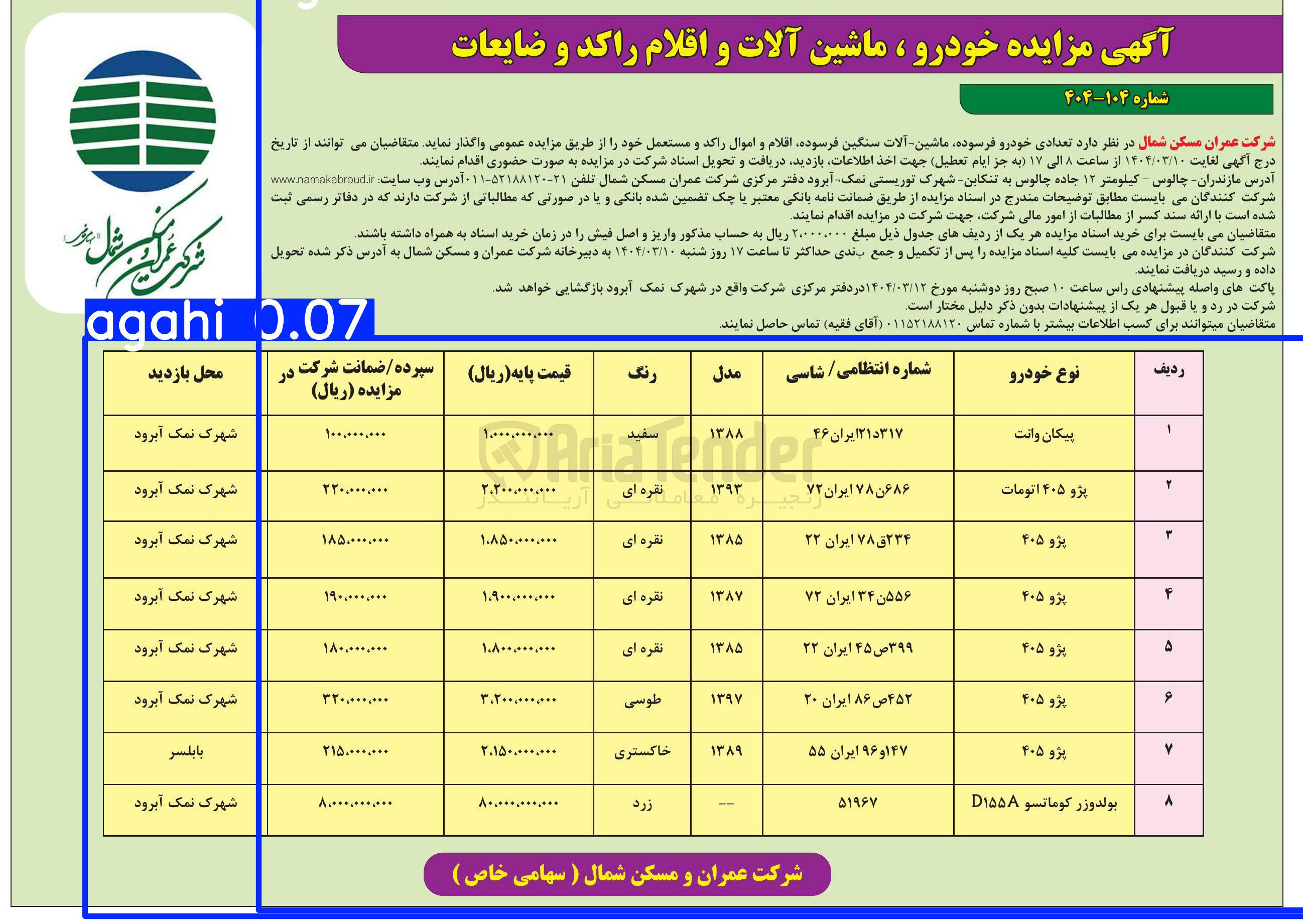 تصویر کوچک آگهی فروش 7 خودرو فرسوده ، یک دستگاه ماشین آلات سنگین فرسوده اقلام و اموال راکد و مستعمل