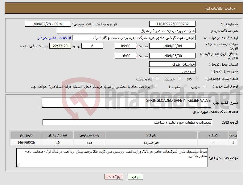 تصویر کوچک آگهی نیاز انتخاب تامین کننده-SPRINGLOADED SAFETY RELIEF VALVE