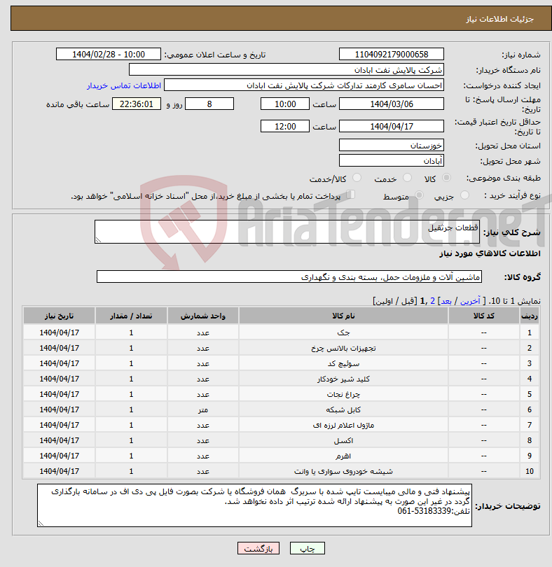 تصویر کوچک آگهی نیاز انتخاب تامین کننده-قطعات جرثقیل