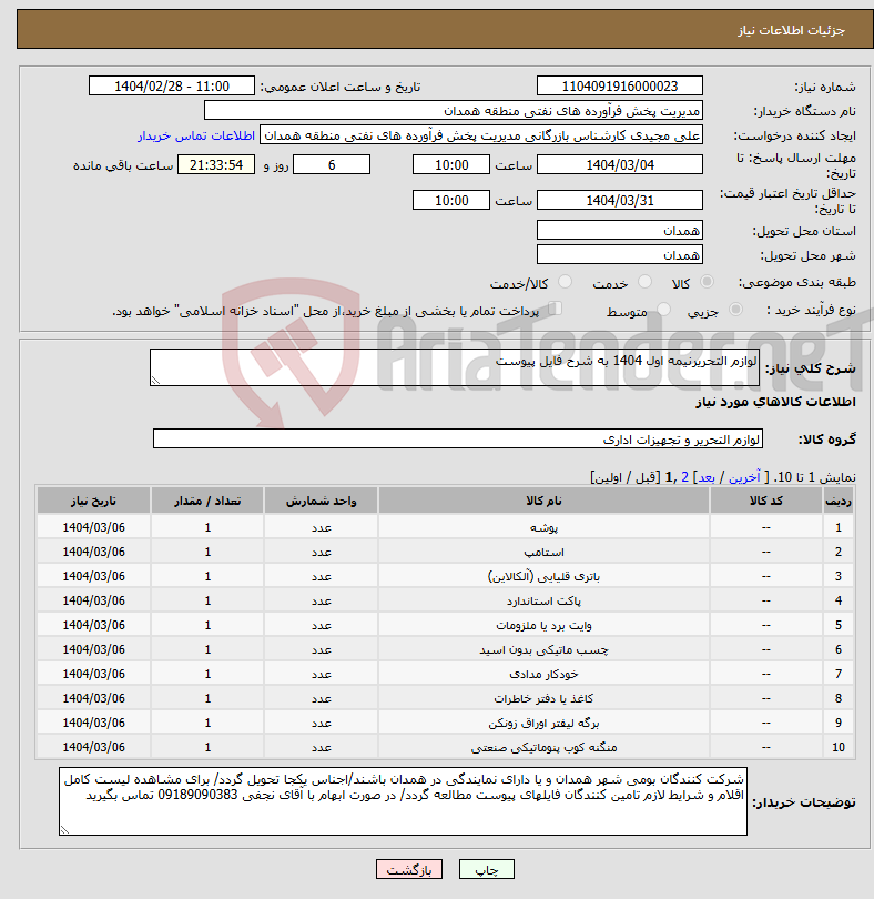 تصویر کوچک آگهی نیاز انتخاب تامین کننده-لوازم التحریرنیمه اول 1404 به شرح فایل پیوست 