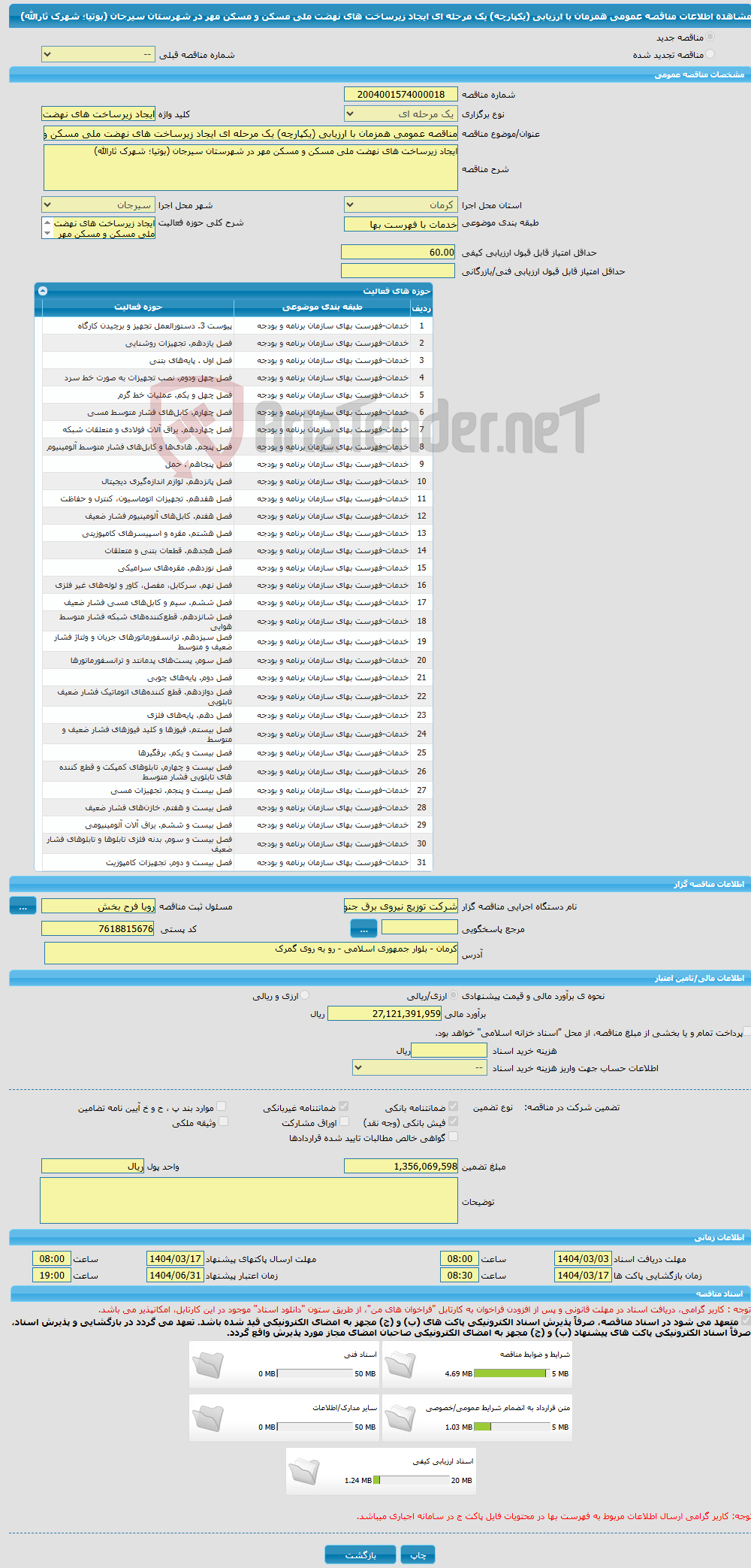 تصویر کوچک آگهی مناقصه عمومی همزمان با ارزیابی (یکپارچه) یک مرحله ای ایجاد زیرساخت های نهضت ملی مسکن و مسکن مهر در شهرستان سیرجان (بوتیا؛ شهرک ثارالله)
