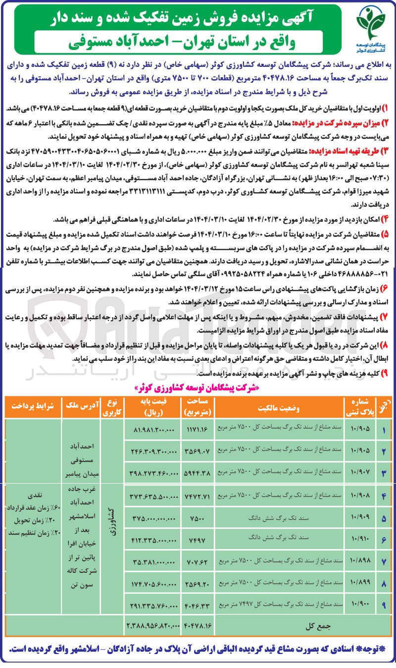 تصویر کوچک آگهی فروش ( ۹ ) قطعه زمین تفکیک شده و دارای سند تک برگ جمعاً به مساحت ۴۰۴۷۸.۱۶ متر مربع (قطعات ۷۰۰ تا ۷۵۰۰ متری)