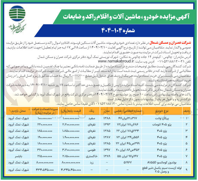 تصویر کوچک آگهی  خودرو ماشین آلات و اقلام راکد و ضایعات 