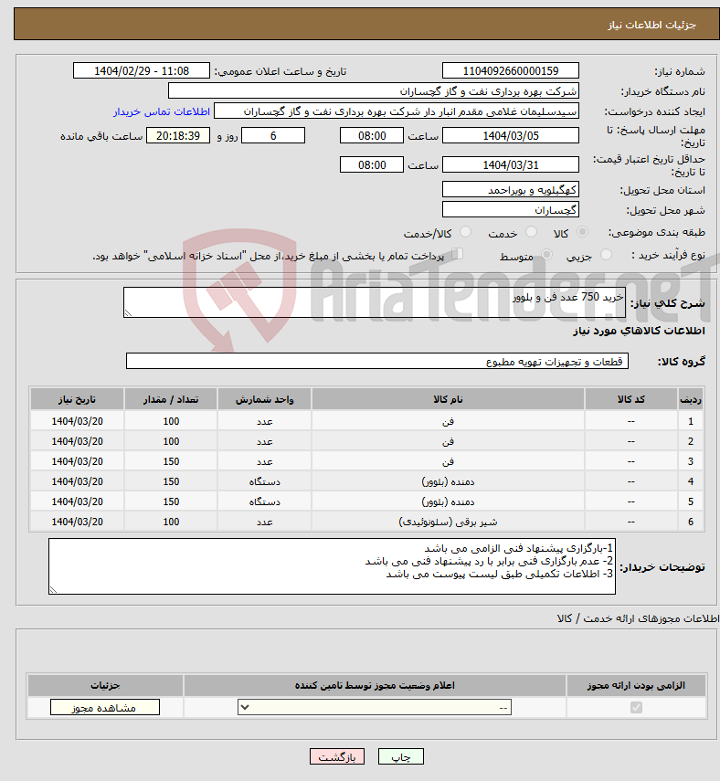 تصویر کوچک آگهی نیاز انتخاب تامین کننده-خرید 750 عدد فن و بلوور