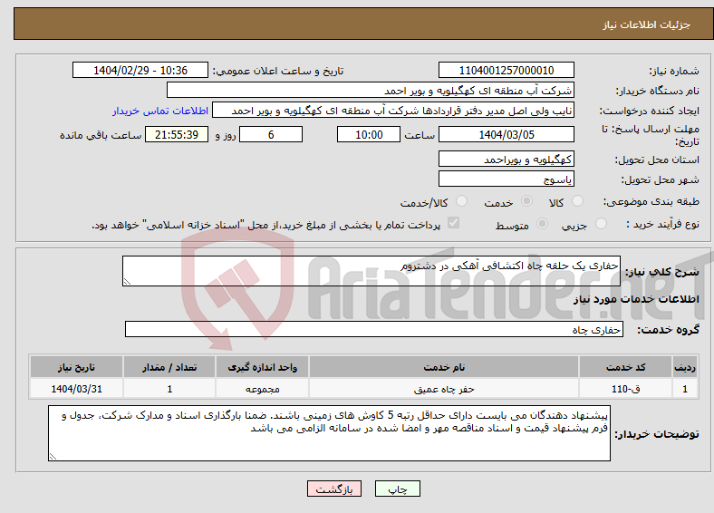 تصویر کوچک آگهی نیاز انتخاب تامین کننده-حفاری یک حلقه چاه اکتشافی آهکی در دشتروم