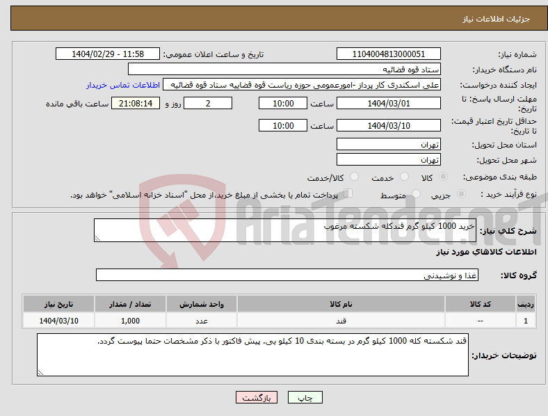 تصویر کوچک آگهی نیاز انتخاب تامین کننده-خرید 1000 کیلو گرم قندکله شکسته مرغوب