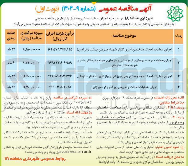 تصویر کوچک آگهی اجرای عملیات احداث و تعریض زیرگذر 