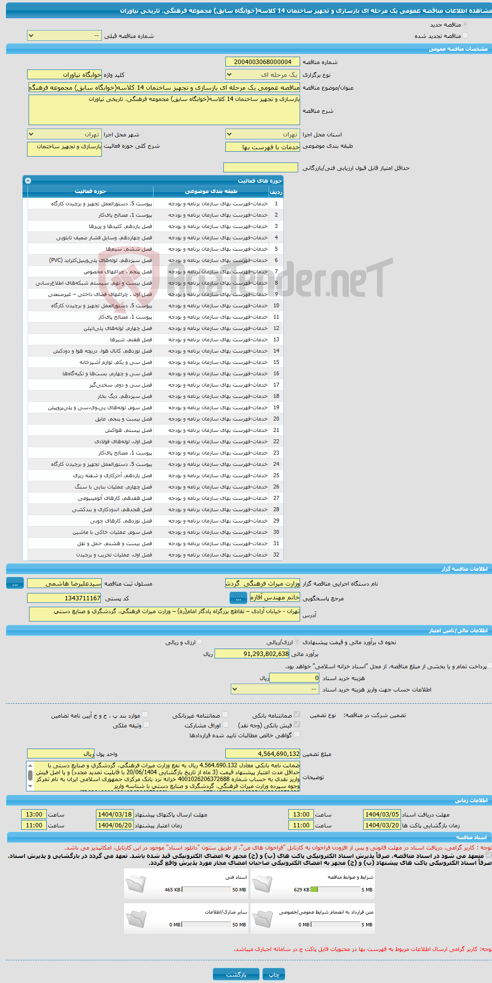 تصویر کوچک آگهی مناقصه عمومی یک مرحله ای بازسازی و تجهیز ساختمان 14 کلاسه(خوابگاه سابق) مجموعه فرهنگی، تاریخی نیاوران