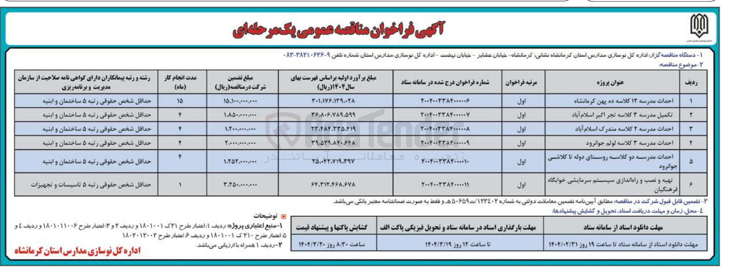 تصویر کوچک آگهی احداث مدرسه ۱۲ کلاسه
