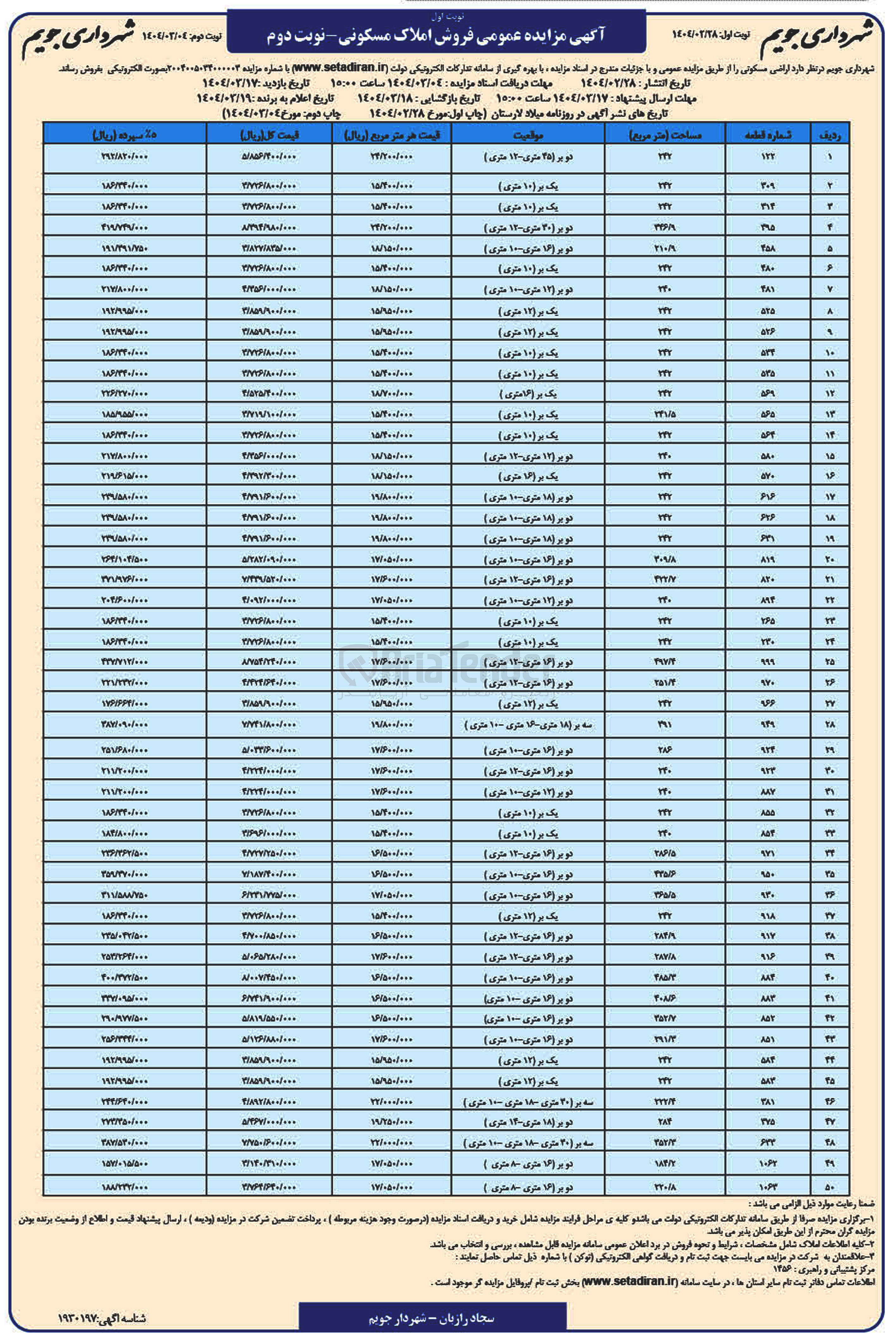 تصویر کوچک آگهی فروش اراضی مسکونی در 50 ردیف