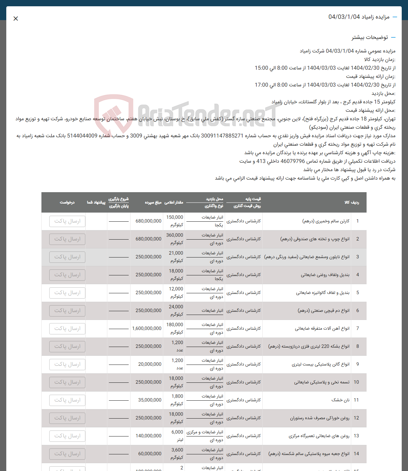 تصویر کوچک آگهی فروش اقلام در 15 ردیف شامل : انواع کارتن -چوب -روغن خوراکی -انواع بشکه و ....