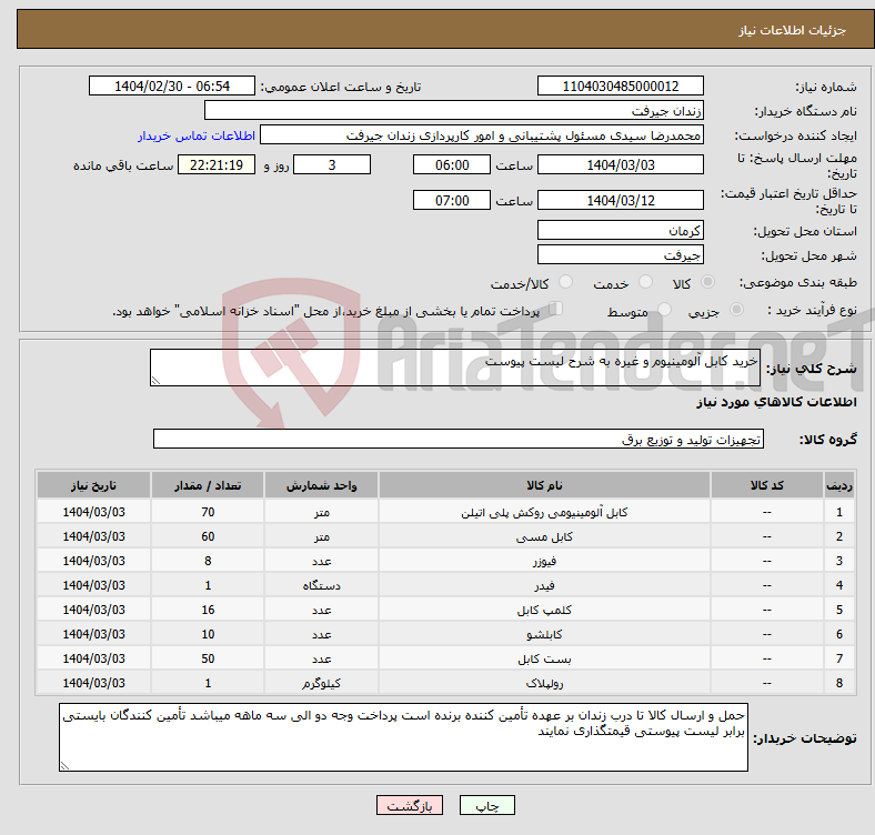 تصویر کوچک آگهی نیاز انتخاب تامین کننده-خرید کابل آلومینیوم و غیره به شرح لیست پیوست