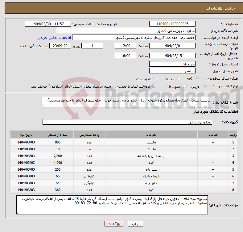 تصویر کوچک آگهی نیاز انتخاب تامین کننده-ماست سون و تکنفره،آبمعدنی،کره حیوانی 15 و 250 گرمی،شیر،خرما و حلواشکری (برابر با شرایط پیوست)