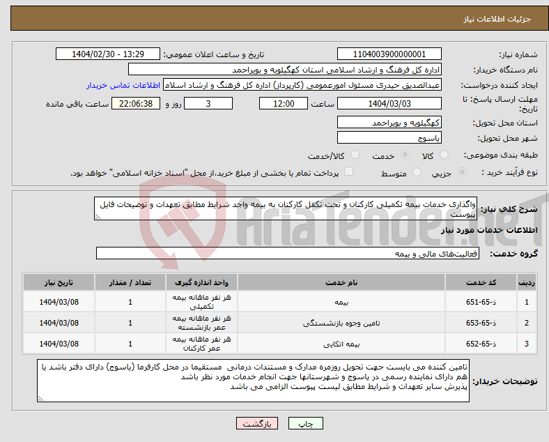 تصویر کوچک آگهی نیاز انتخاب تامین کننده-واگذاری خدمات بیمه تکمیلی کارکنان و تحت تکفل کارکنان به بیمه واجد شرایط مطابق تعهدات و توضیحات فایل پیوست
