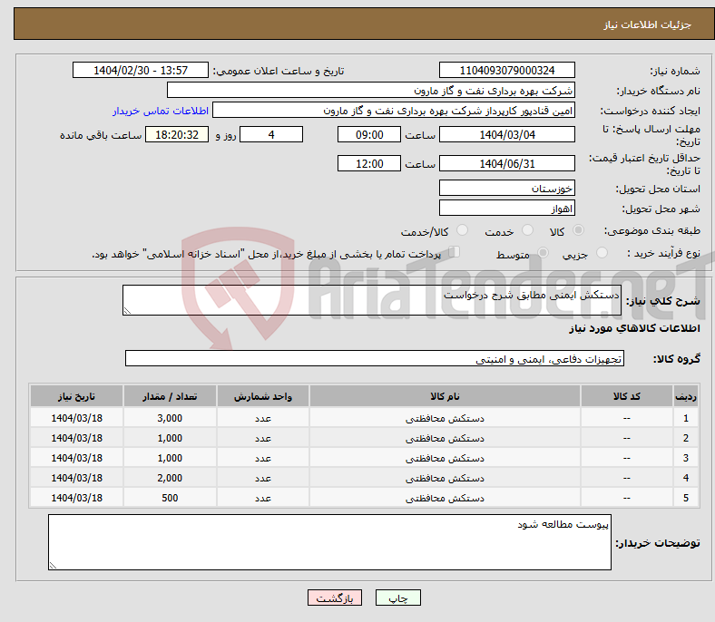 تصویر کوچک آگهی نیاز انتخاب تامین کننده-دستکش ایمنی مطابق شرح درخواست