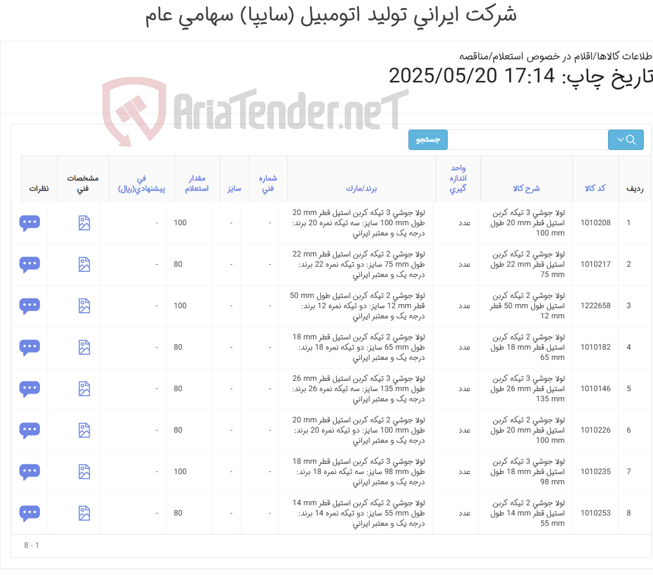 تصویر کوچک آگهی 8 ردیف انواع لولا جوشی (طبق مشخصات پیوست)
