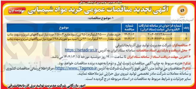 تصویر کوچک آگهی خرید مقدار ۹۳۰۰۰۰ کیلوگرم ( ۹۳۰ تن ) اسید سولفوریک ۹۸ 