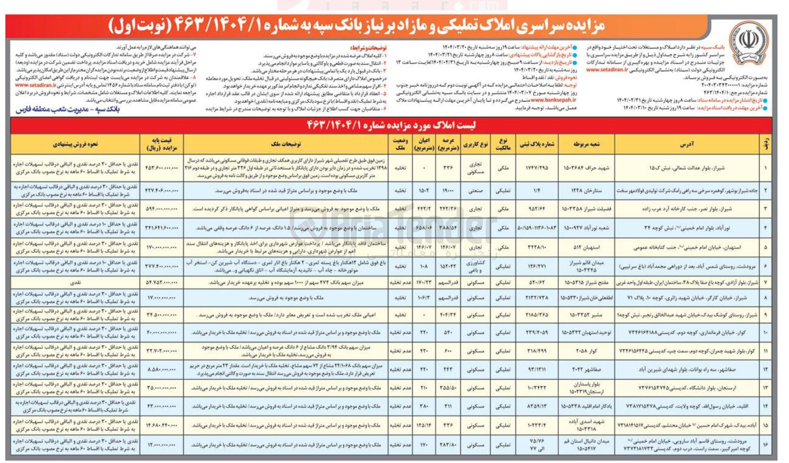 تصویر کوچک آگهی مزایده سراسری املاک تملیکی و مازاد