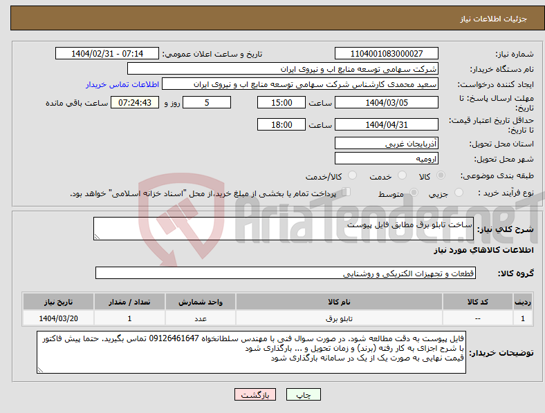 تصویر کوچک آگهی نیاز انتخاب تامین کننده-ساخت تابلو برق مطابق فایل پیوست