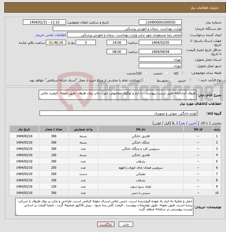 تصویر کوچک آگهی نیاز انتخاب تامین کننده-ظروف آبدارخانه طبق لیست پیوست . با آرم و لوگوی مخصوص جهت چاپ روی ظروف ،طبق نمونه، کیفیت عالی