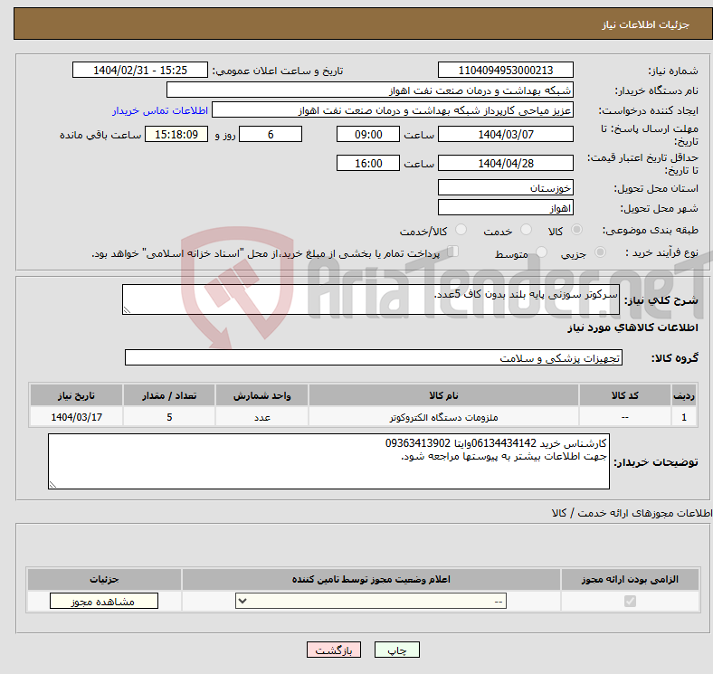 تصویر کوچک آگهی نیاز انتخاب تامین کننده-سرکوتر سوزنی پایه بلند بدون کاف 5عدد.