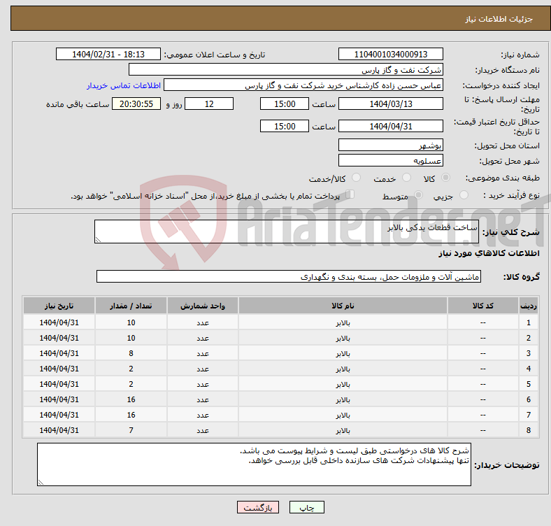 تصویر کوچک آگهی نیاز انتخاب تامین کننده-ساخت قطعات یدکی بالابر