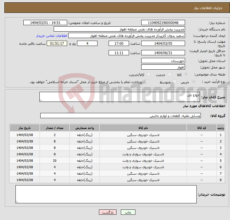 تصویر کوچک آگهی نیاز انتخاب تامین کننده-انواع تایر
