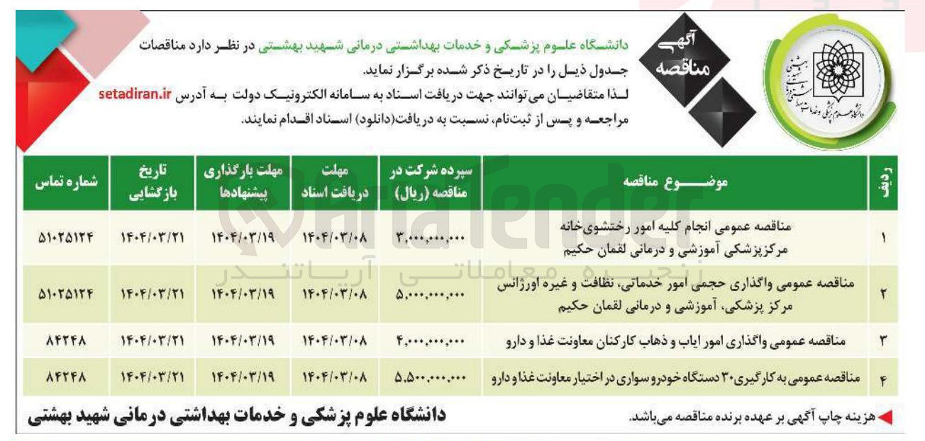 تصویر کوچک آگهی به کارگیری ۳۰ دستگاه خودرو سواری در اختیار معاونت غذا و دارو 