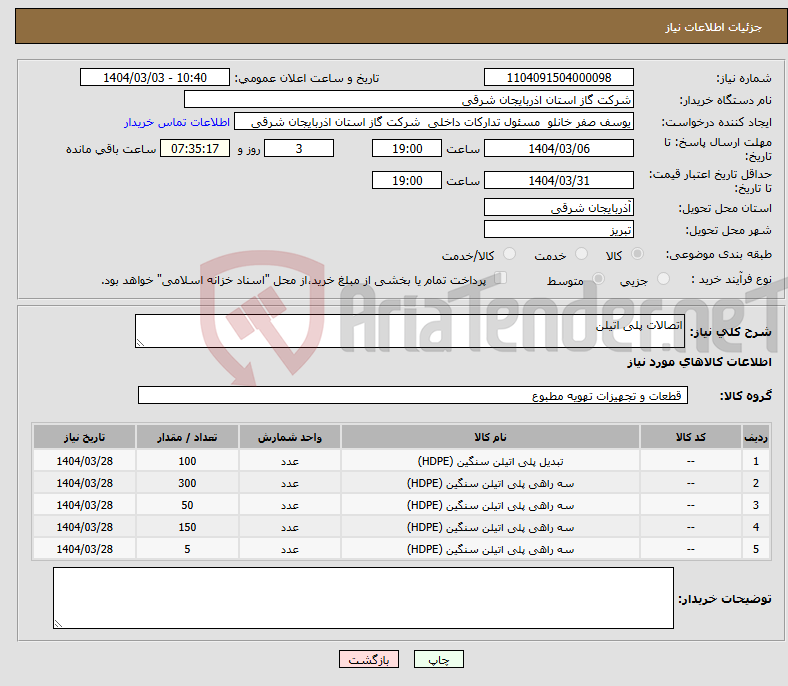 تصویر کوچک آگهی نیاز انتخاب تامین کننده-اتصالات پلی اتیلن 