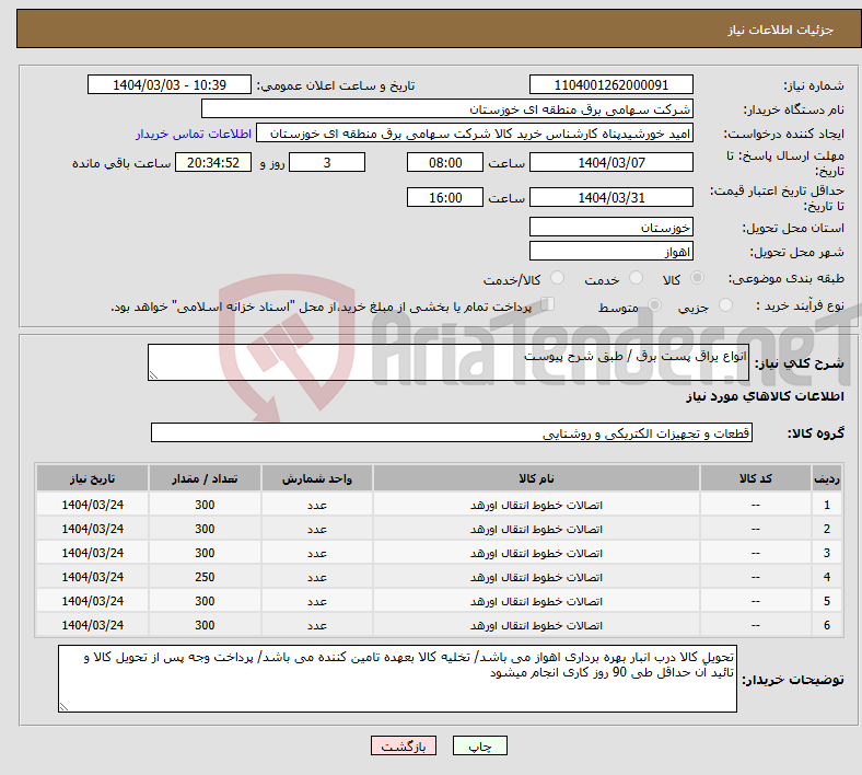 تصویر کوچک آگهی نیاز انتخاب تامین کننده-انواع یراق پست برق / طبق شرح پیوست 
