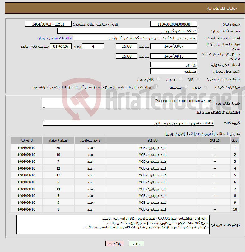 تصویر کوچک آگهی نیاز انتخاب تامین کننده-SCHNEIDER" CIRCUIT BREAKERS"