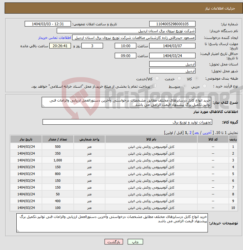تصویر کوچک آگهی نیاز انتخاب تامین کننده-خرید انواع کابل درسایزهای مختلف مطابق مشخصات درخواستی وآخرین دستورالعمل ارزیابی والزامات فنی توانیر،تکمیل برگ پیشنهاد قیمت الزامی می باشد