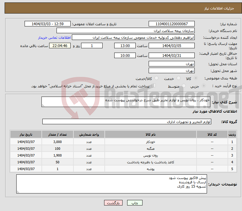 تصویر کوچک آگهی نیاز انتخاب تامین کننده-خودکار ، روان نویس و لوازم تحریر طبق شرح درخواستی پیوست شده