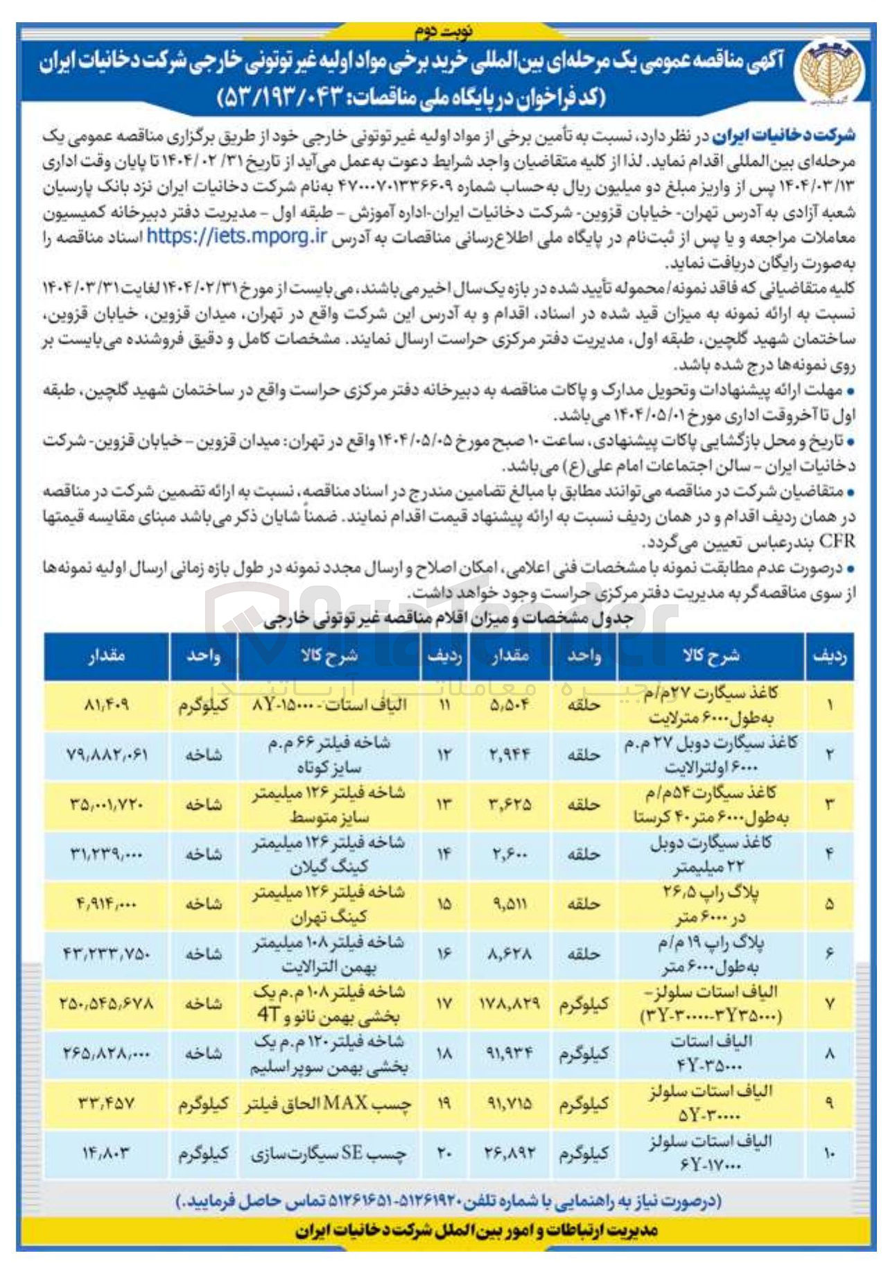 تصویر کوچک آگهی تامین الیاف استات سلولز ۶Y-۱۷۰۰۰ 
