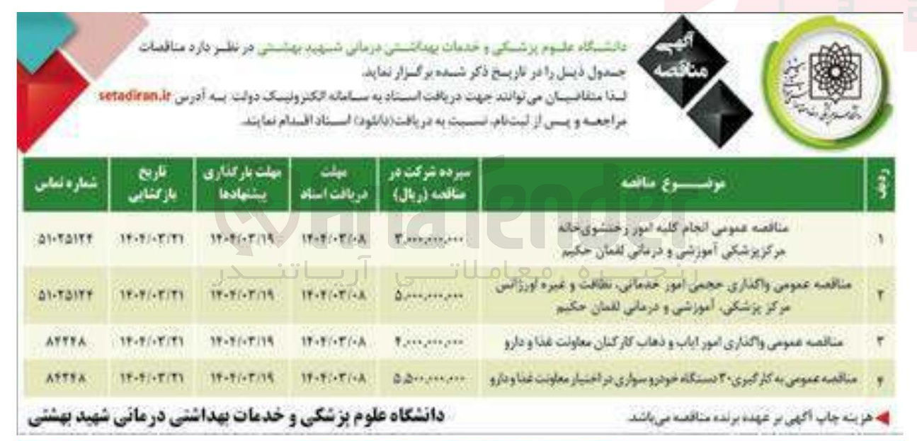 تصویر کوچک آگهی انجام کلیه امور رختشوی خانه مرکز پزشکی آموزشی و درمانی لقمان حکیم