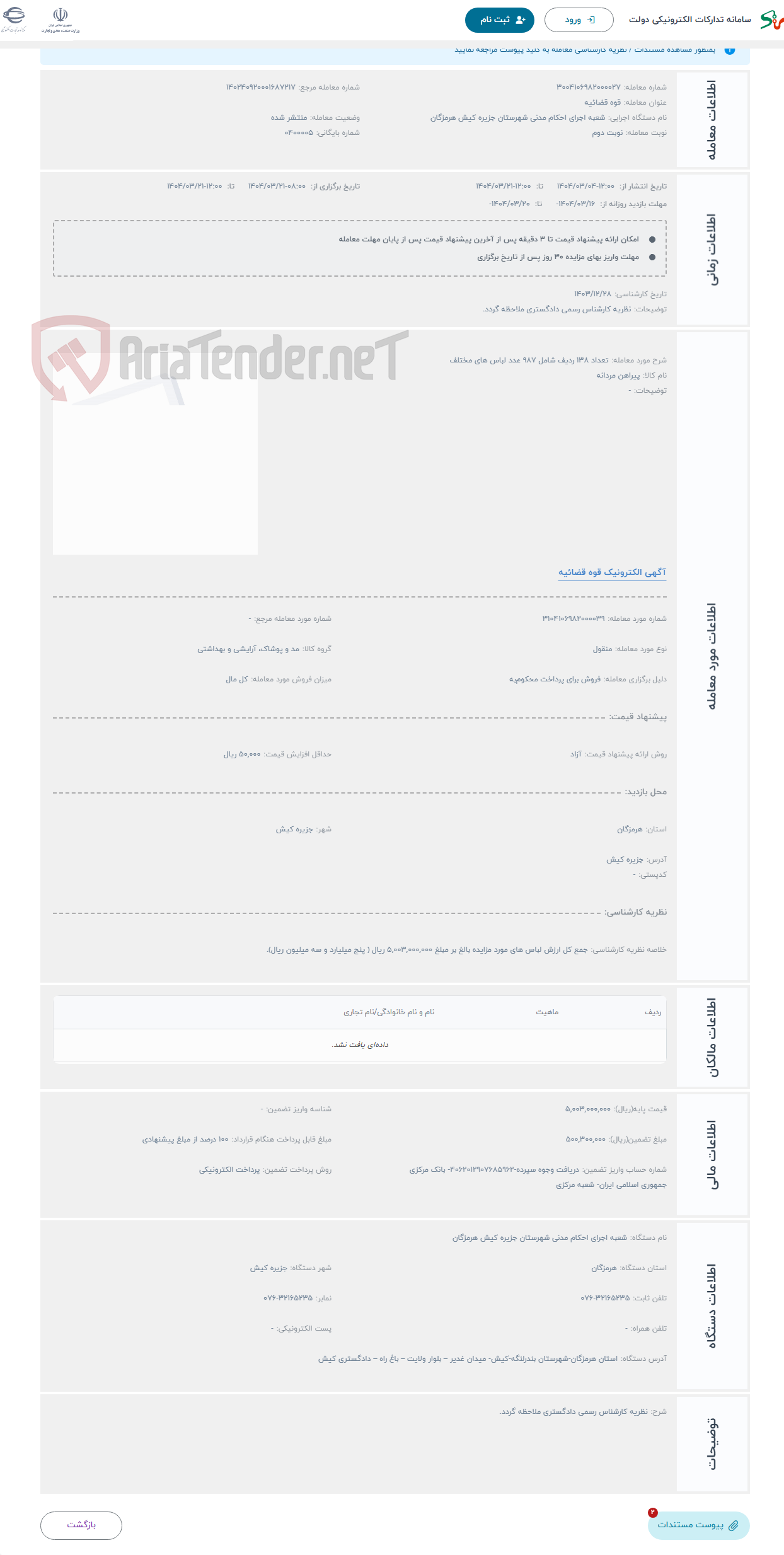 تصویر کوچک آگهی حراج تعداد 138 ردیف شامل 987 عدد لباس های مختلف