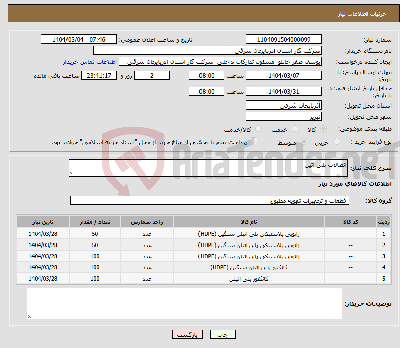 تصویر کوچک آگهی نیاز انتخاب تامین کننده-اتصالات پلی اتین