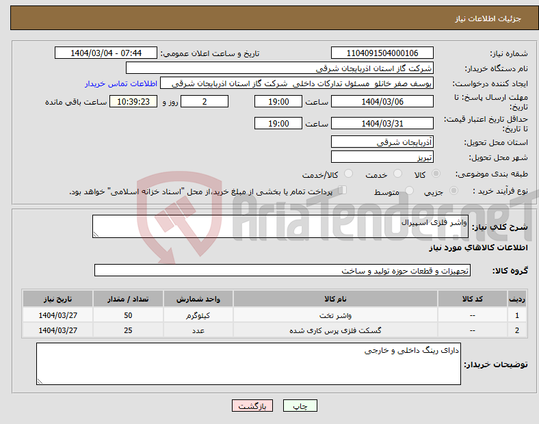 تصویر کوچک آگهی نیاز انتخاب تامین کننده-واشر فلزی اسپیرال 